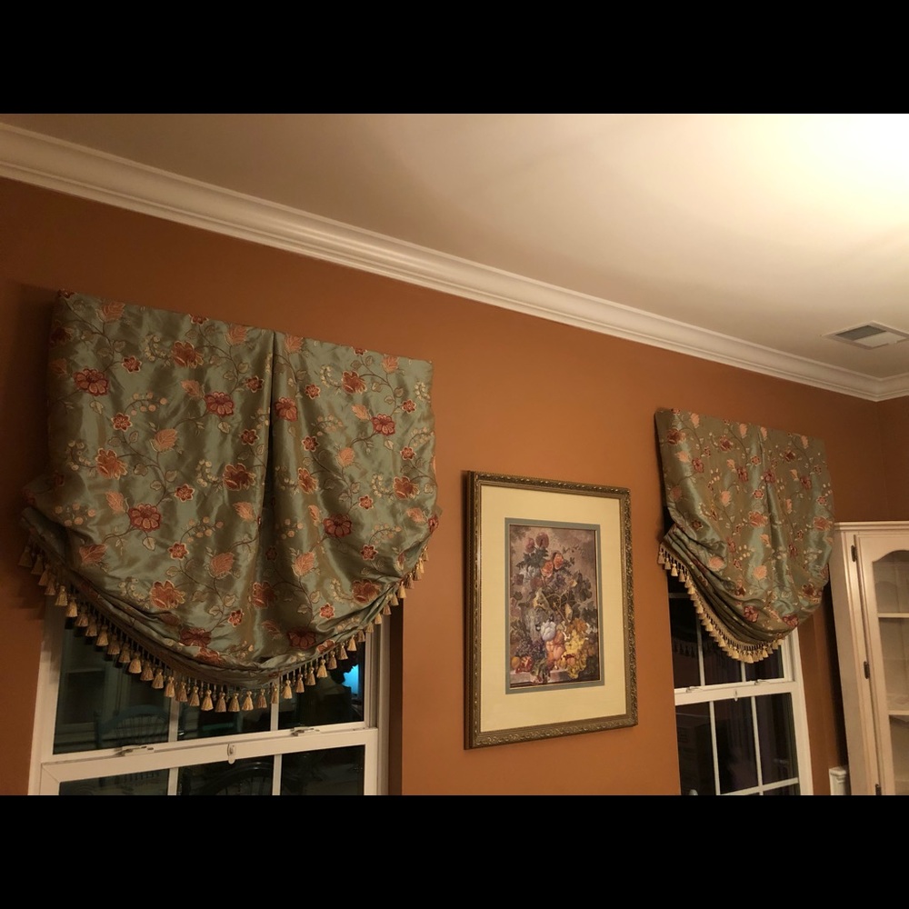 Gorgeous silk custom valances. Gray green with embroidered floral. Board mounted